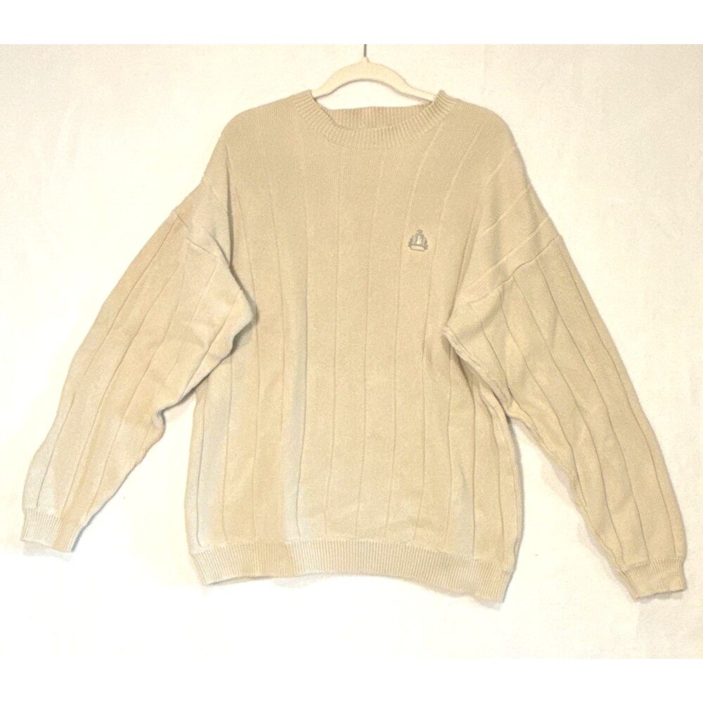 IZOD Men's XL Beige 100% Cotton Knit Crewneck Sweater Logo Accent Preppy Grandpa